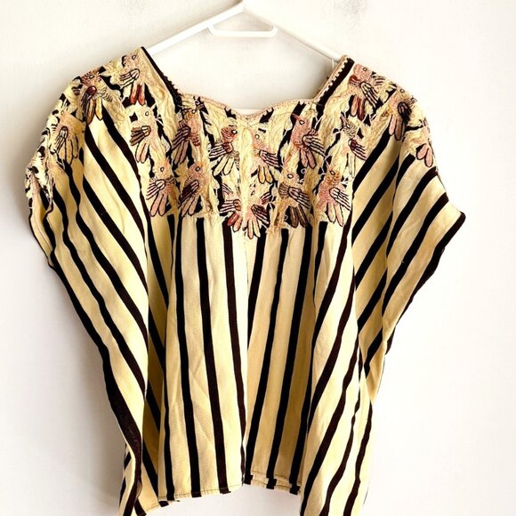 Vintage Striped Bird Embroidered Boho Top L/XL - Picture 1 of 5